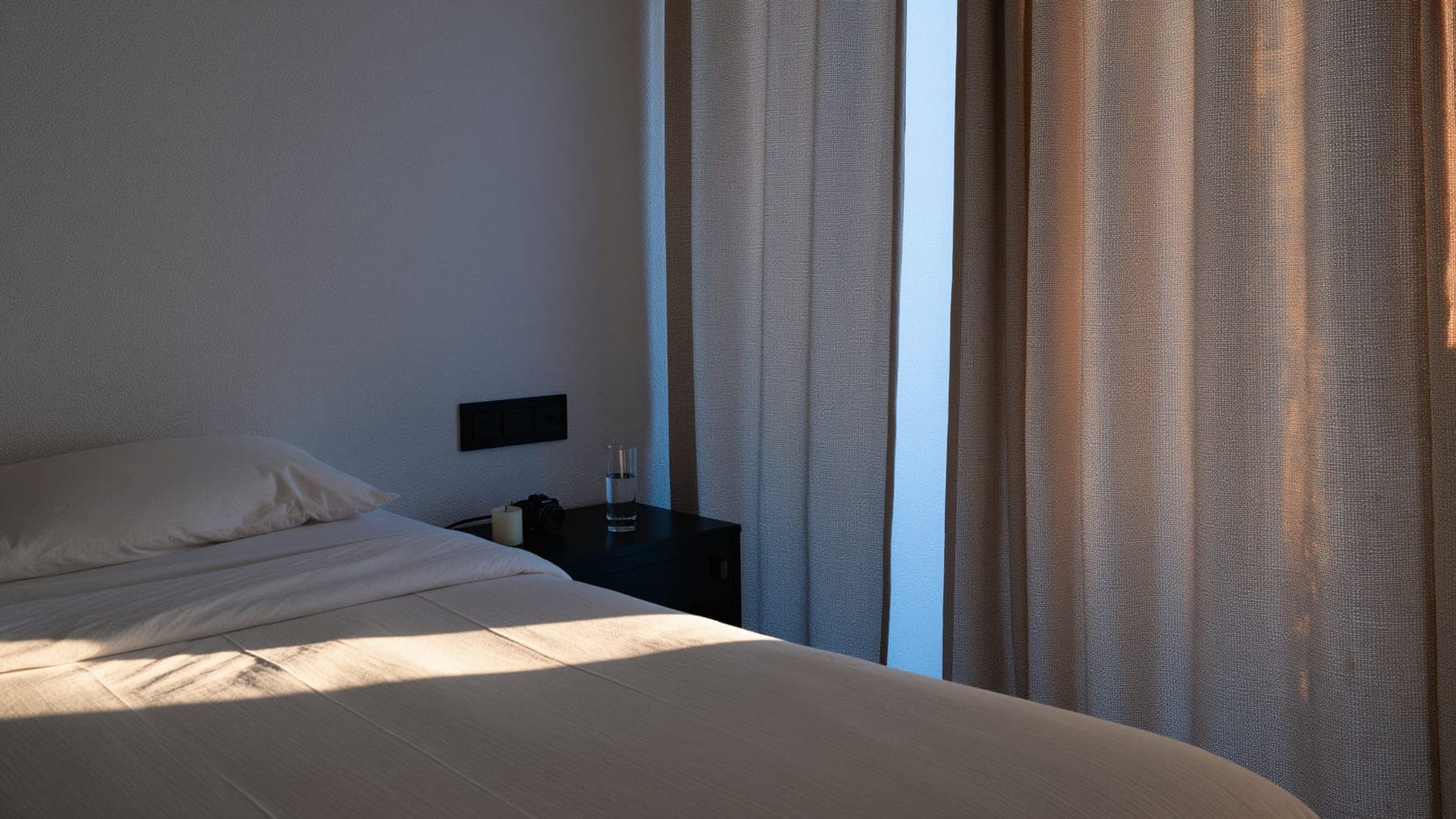 A whitewashed hotel room in deep quiet at 8am, one thin blade of morning light across undisturbed white linen