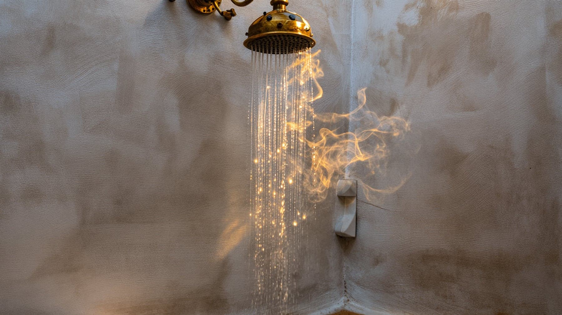 Warm water falling from a brass rain shower head, backlit so every stream catches the golden light