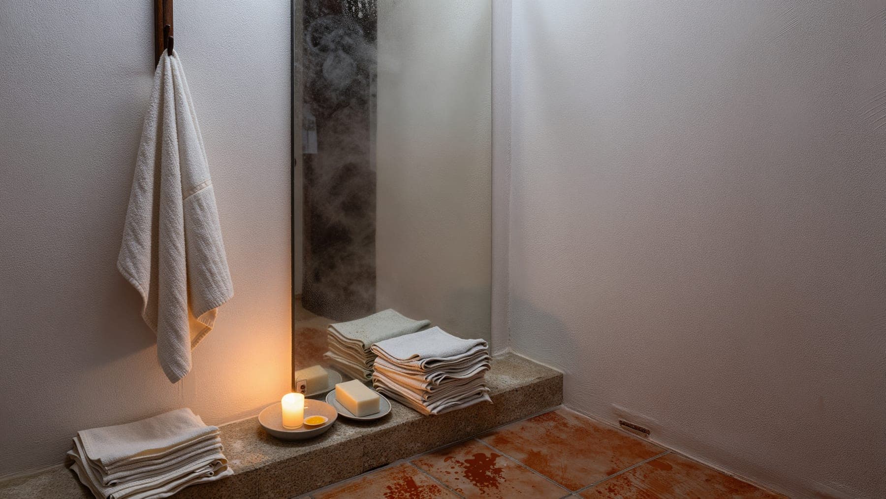 A quiet whitewashed bathroom with a fogged mirror, a folded white towel and one lit candle