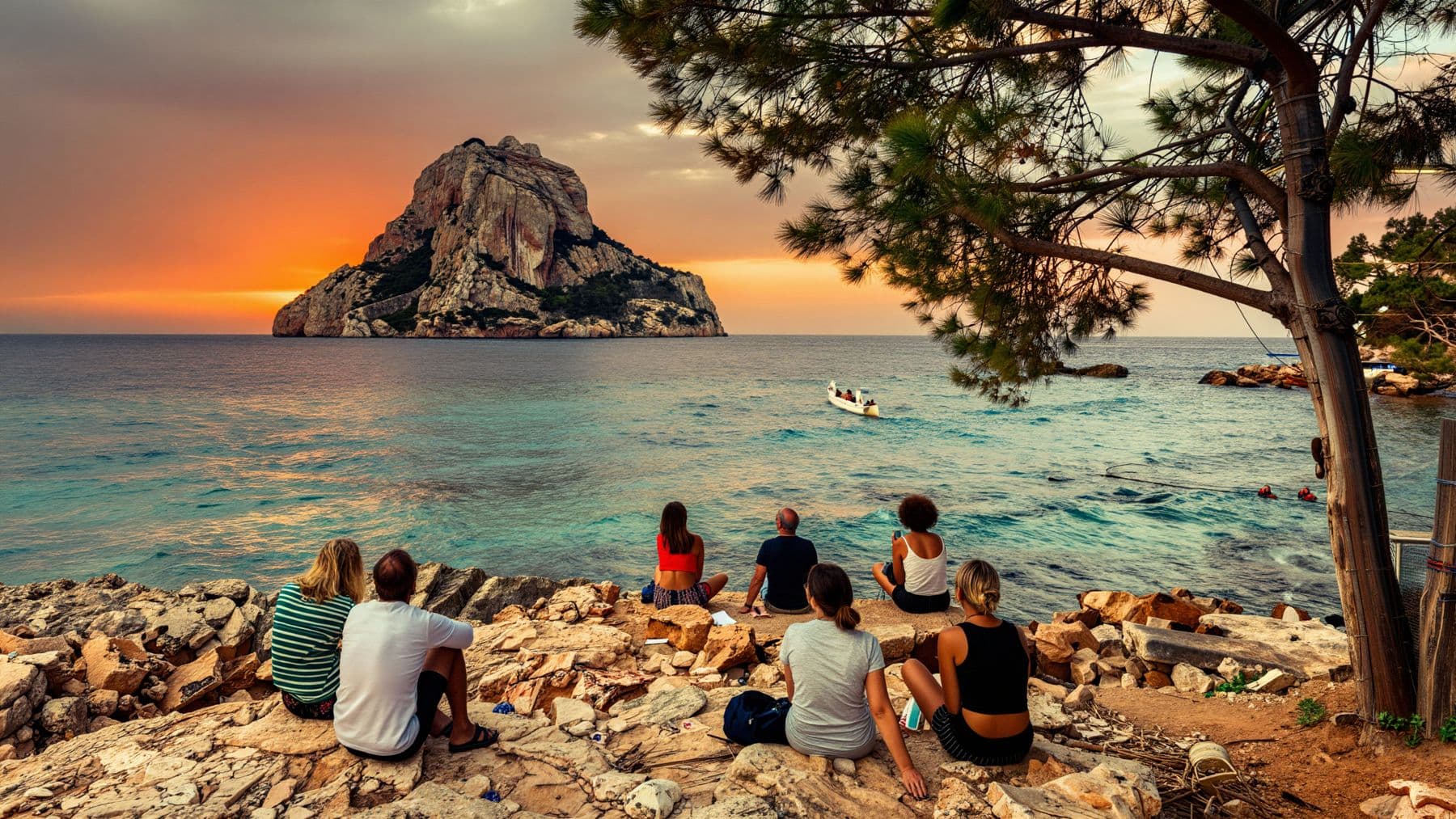 People sitting on the rocks above a turquoise cove in Ibiza, watching the sun go down over Es Vedrà
