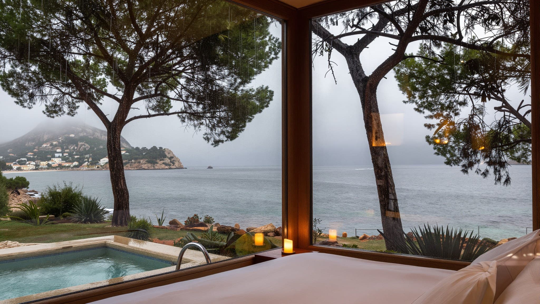 Raindrops streaking a hotel window in Ibiza looking out towards a stormy sea, warm candles and crisp linen on the bed