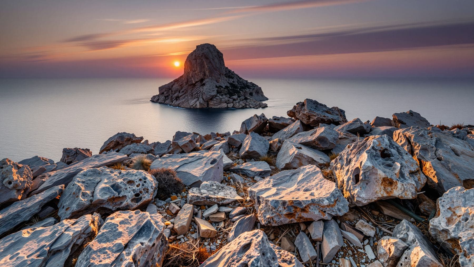 A deserted clifftop at sunset, the sun setting behind a tall pyramid of rock rising out of a silver sea
