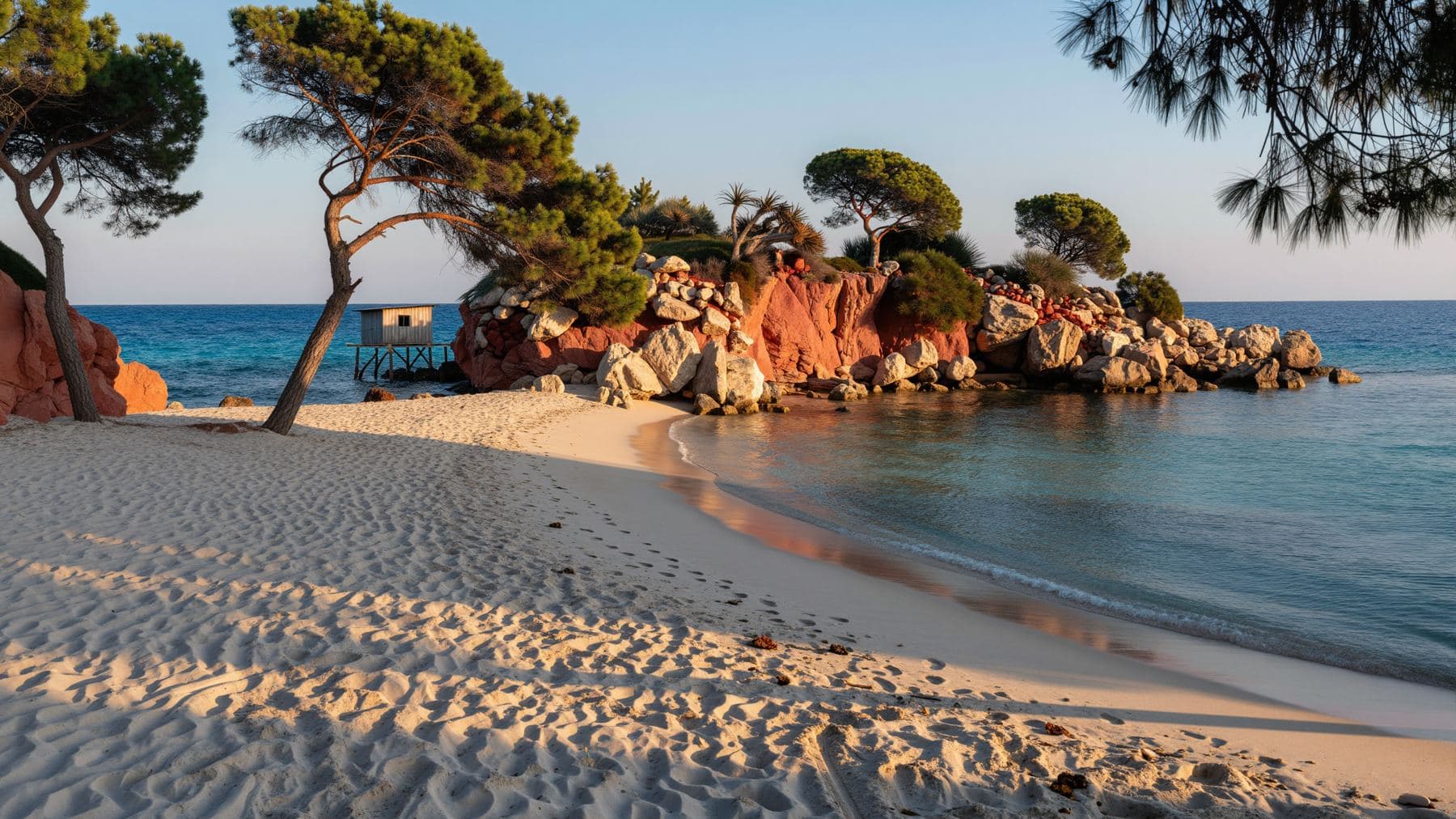 A deserted Mediterranean cove in early September, late afternoon sun raking across empty pale sand between red cliffs