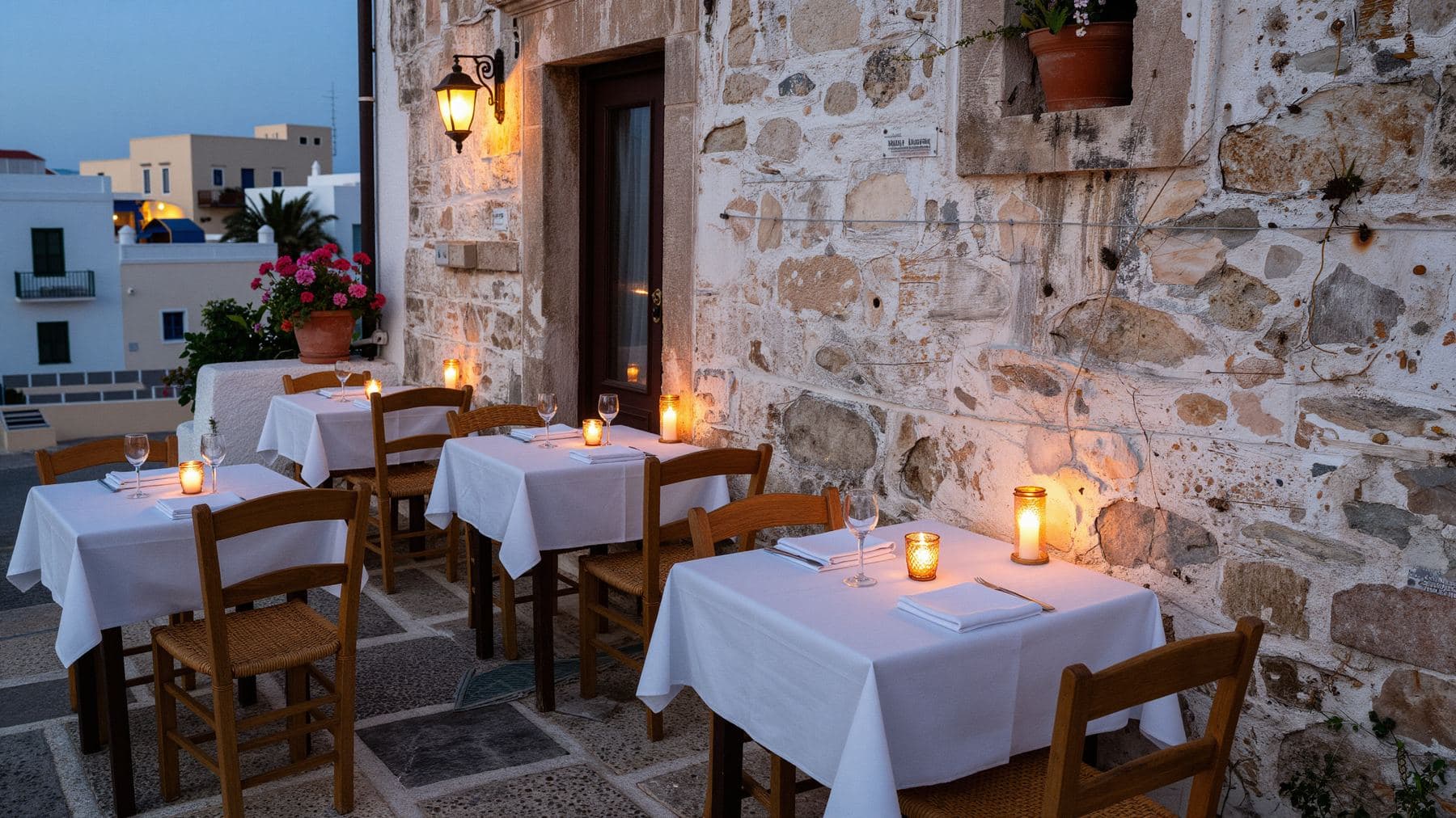 An empty old-town terrace at blue hour, four laid tables with white cloths and candles waiting under warm lamps