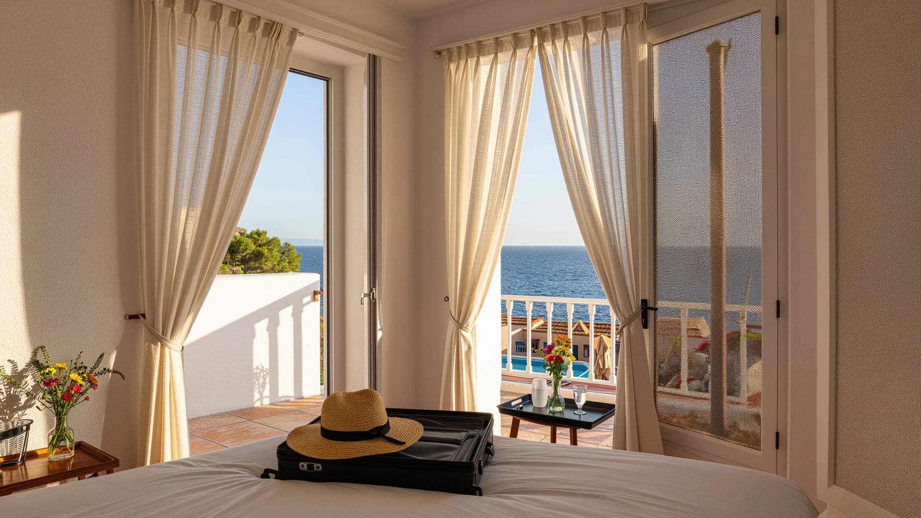 A hotel room in Ibiza with the balcony doors open to the sea, an open suitcase and a straw hat on the bed and a room-service tray by the window