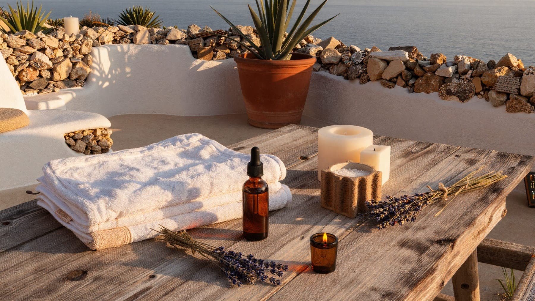 Folded white towels, massage oil and candles on a weathered wooden table on an Ibizan terrace above the sea