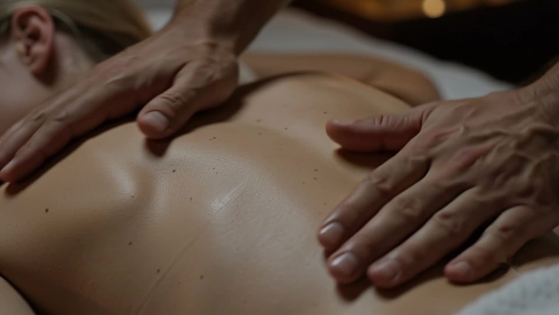 Close-up of a masseur's hands working on a woman's back on the bed of a dark hotel room lit only by candles