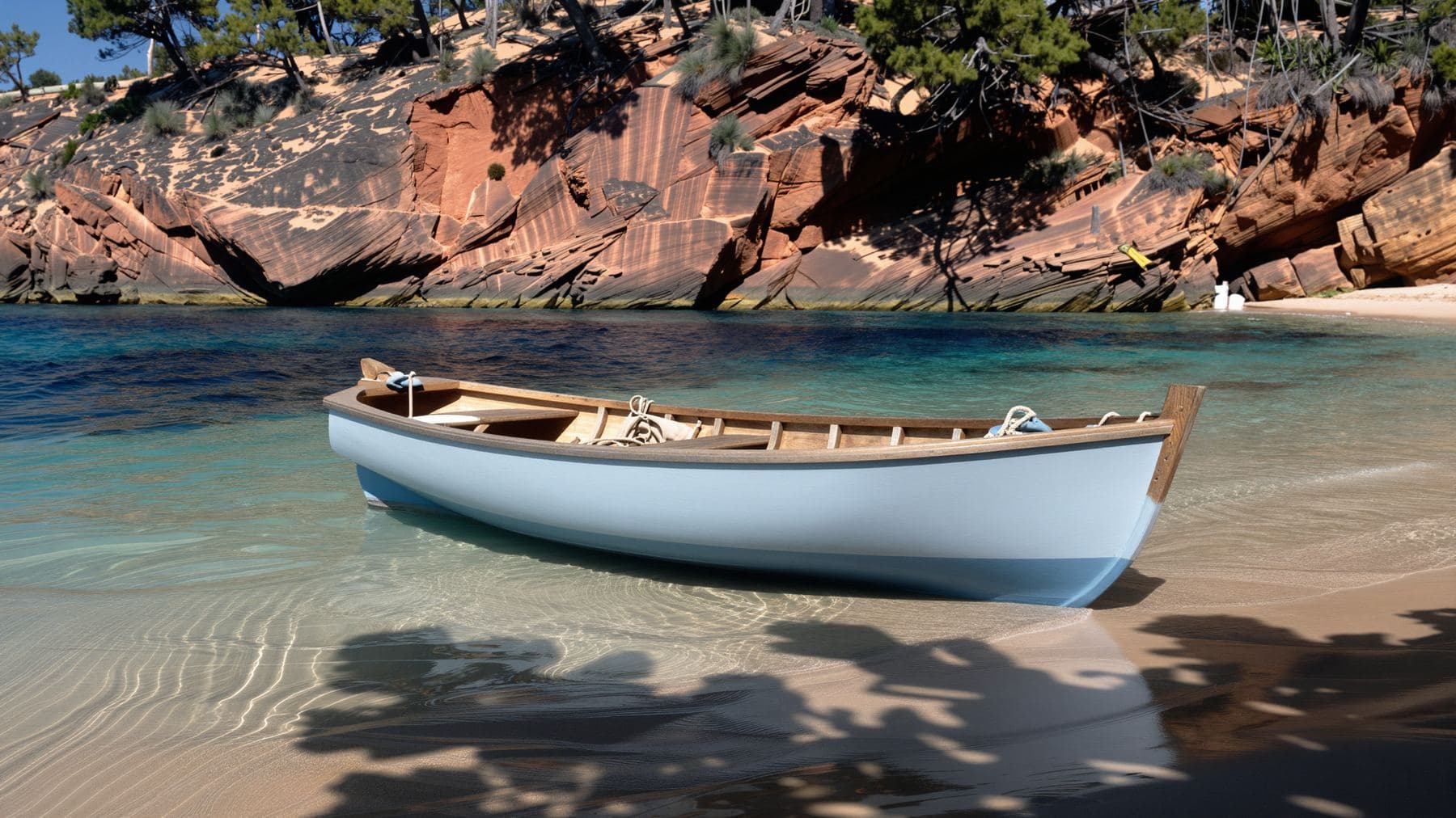 A small pale blue wooden fishing boat moored alone in a clear cove beneath red cliffs and wild pines