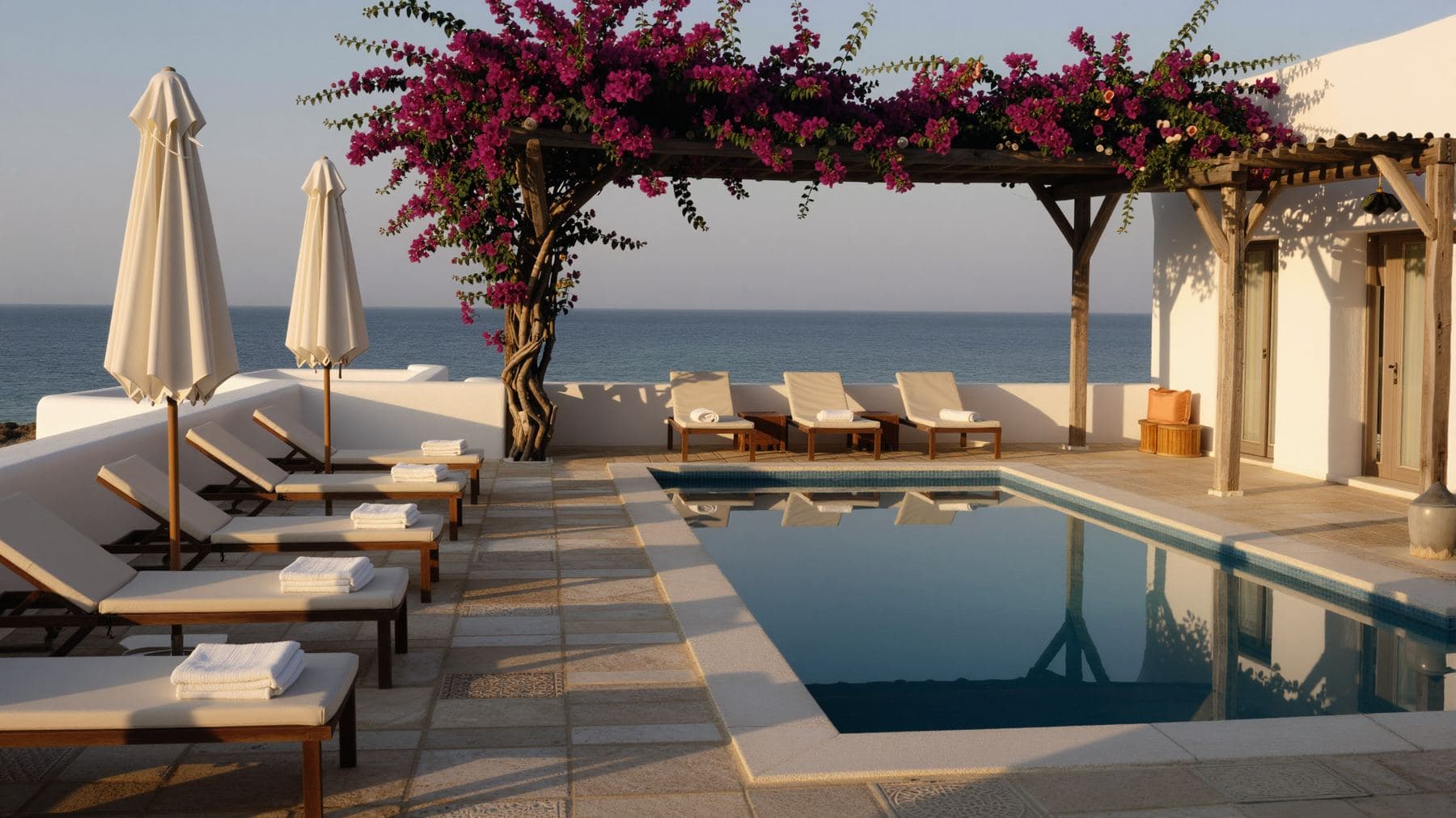 An empty hotel pool terrace at golden hour, unoccupied sunbeds in a row and still water reflecting the sky